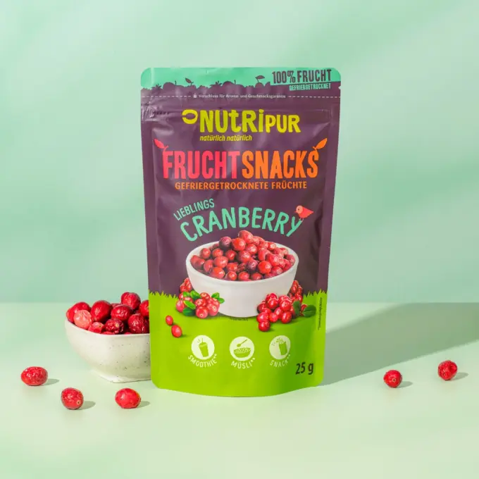 Hier ist ein Produktbild der gefriergetrockneten Cranberries von NutriPur