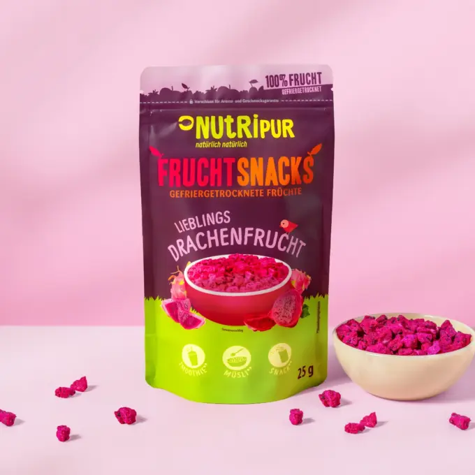 Hier ist ein Produktbild der gefriergetrockneten Drachenfrüchte von NutriPur