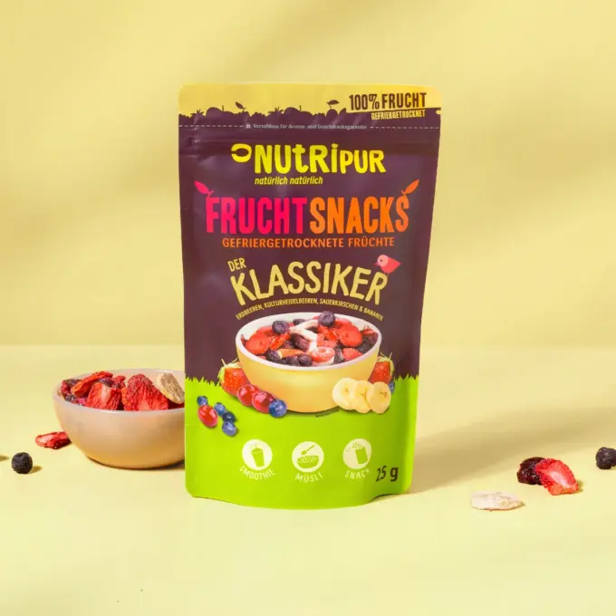 Hier ist ein Produktbild der gefriergetrockneten Fruchtmischung "Der Klassiker" von Nutripur