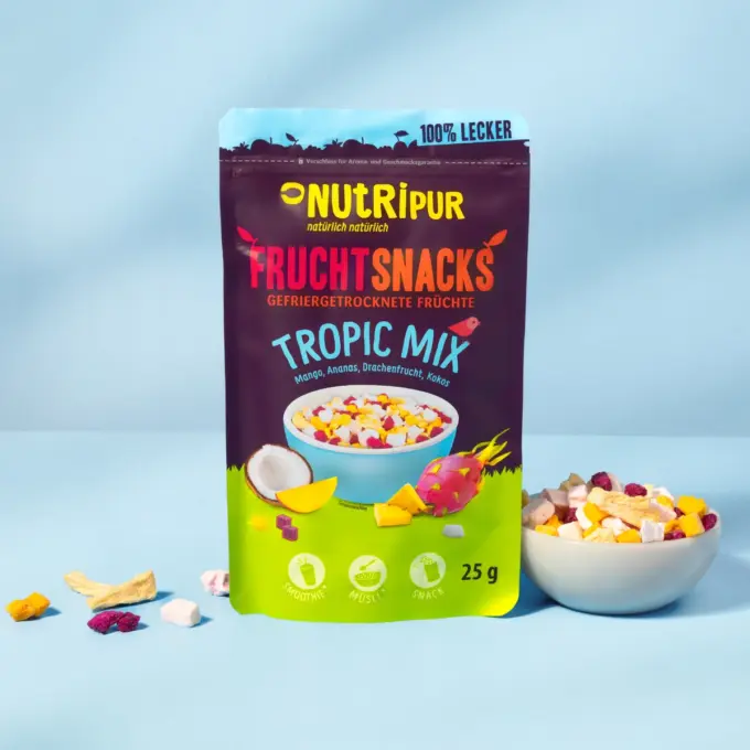 Hier ist ein Produktbild der gefriergetrockneten Fruchtmischung "Tropic Mix" von Nutripur