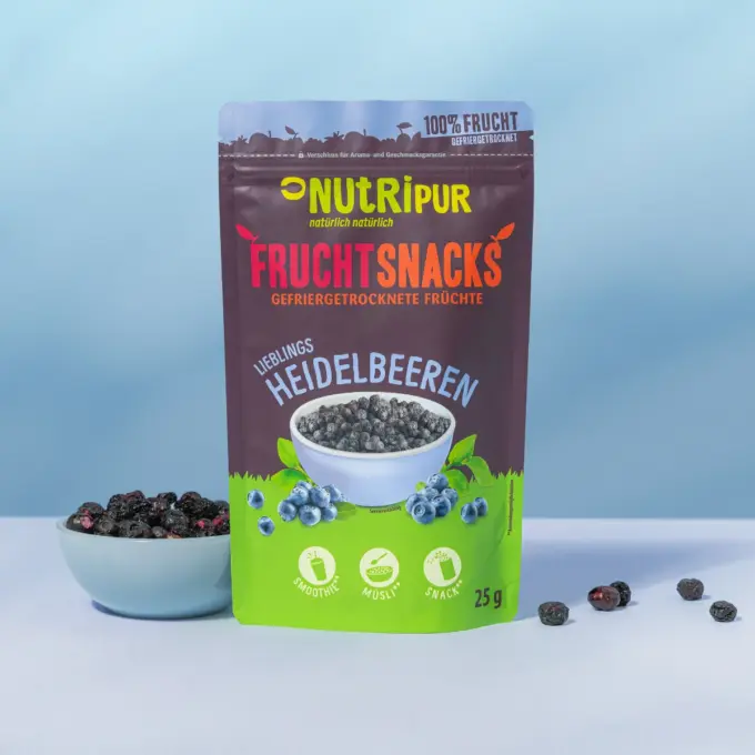 Hier ist ein Produktbild der gefriergetrockneten Heidelbeeren von Nutripur
