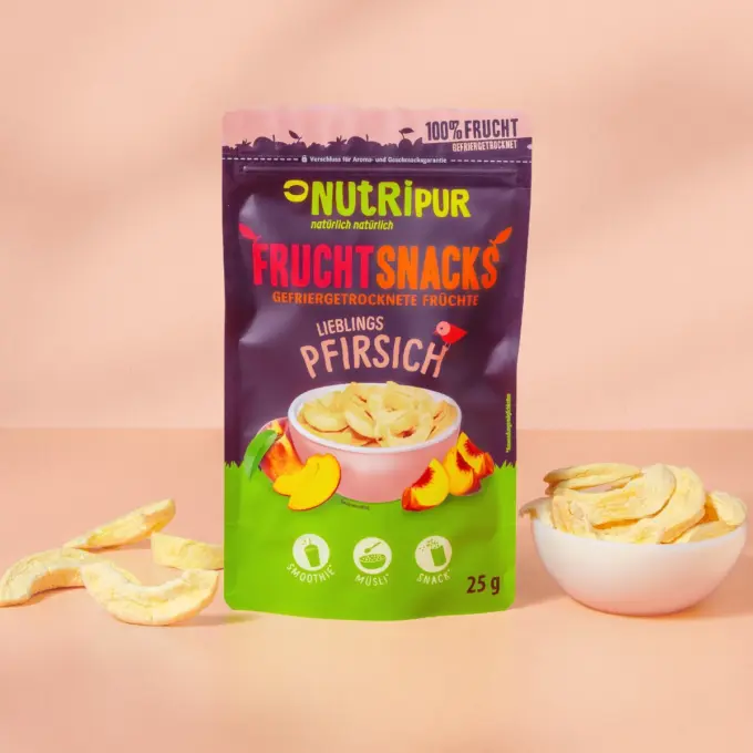 Hier ist ein Produktbild der gefriergetrockneten Pfirsiche von Nutripur