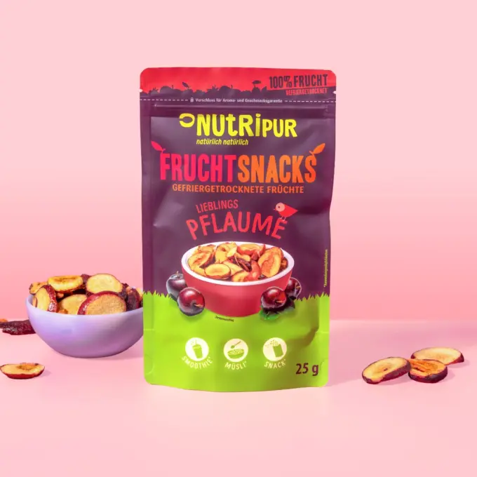 Hier ist ein Produktbild der gefriergetrockneten Pflaumen von Nutripur