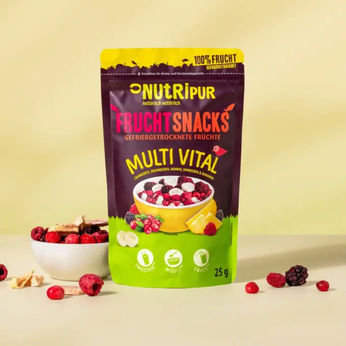 Hier ist ein Produktbild des gefriergetrockneten Fruchtmix "Multi Vital" von Nutripur