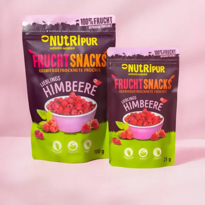 Hier ist ein Bild der von NutriPur zum Kauf angebotenen Varianten der gefriergetrockneten Himbeeren.