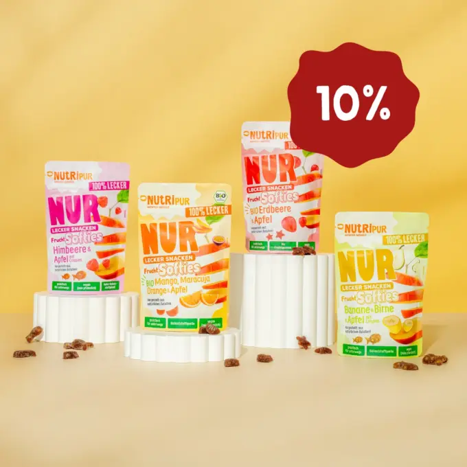 Hier ist ein Bild aller von NutriPur zum Kauf angebotenen Varianten der weichen Gummibärchen NUR Frucht Softies