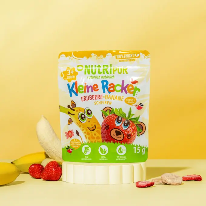 Detailbild der Verpackung der Kleinen Racker Erdbeere-Banane von Nutripur