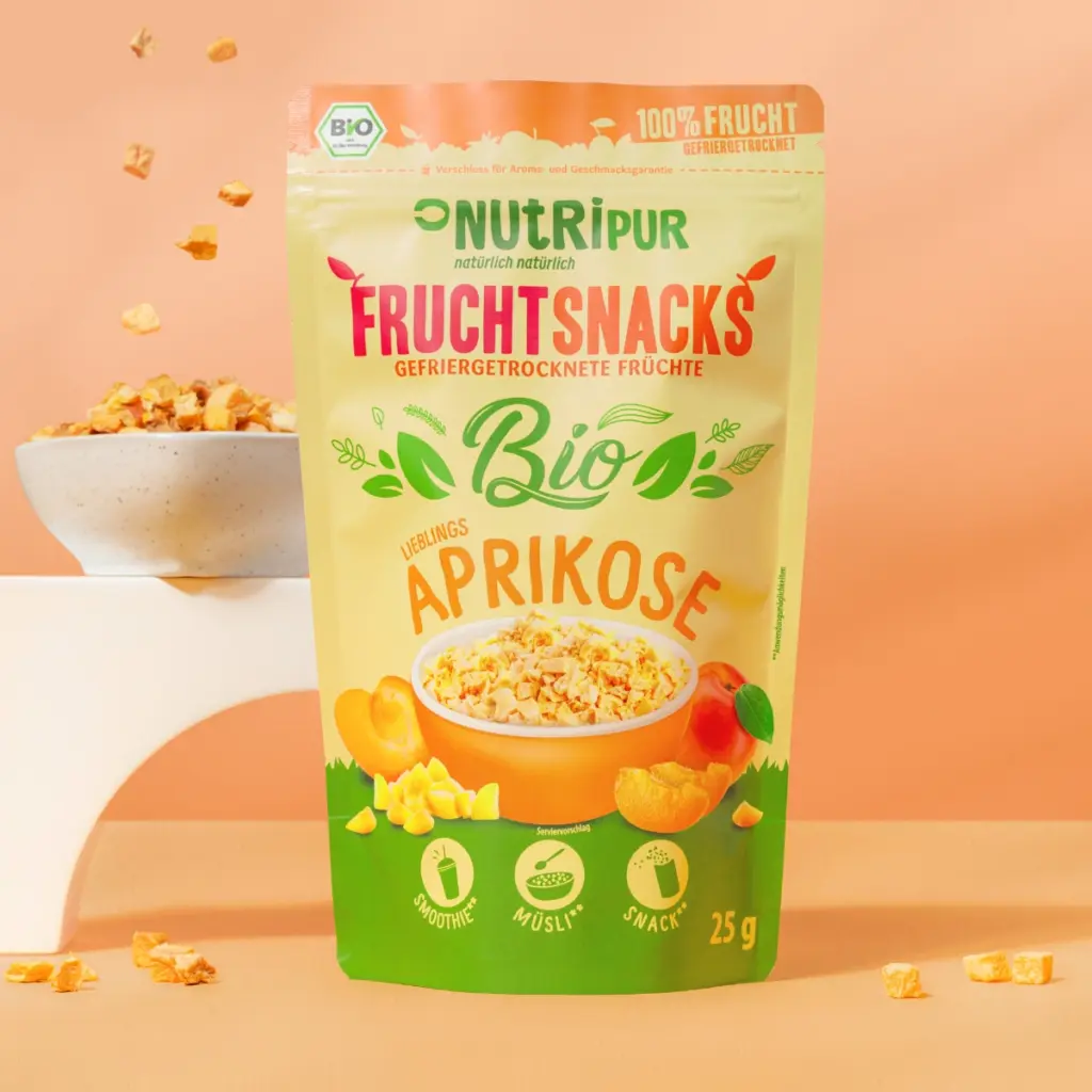 Detailbild der Verpackung und gefriergetrocknete Bio-Aprikosen
