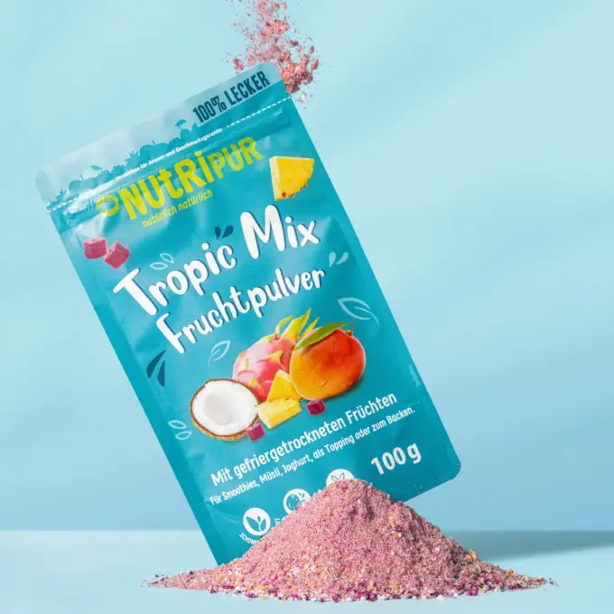 Detailbild der Verpackung und des gefriergetrockneten Fruchtpulvers Tropic-Mix