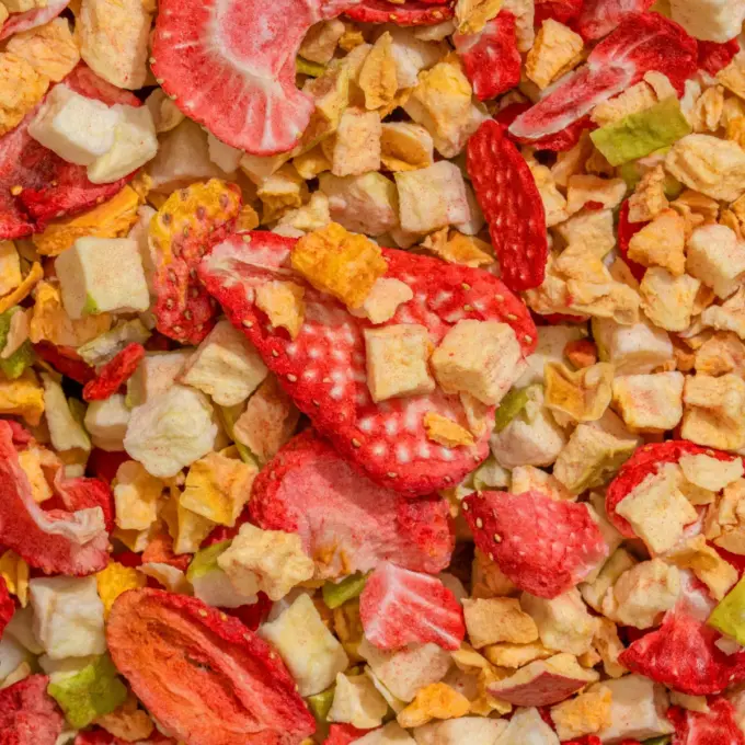 Ein Bild zeigt eine Makroaufnahme des gefriergetrockneten Bio-Fruchtmix Bio-Lieblinge von NutriPur