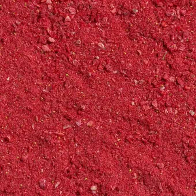 Ein Bild zeigt eine Makroaufnahme des gefriergetrockneten Rote Beeren-Fruchtpulvers von Nutripur