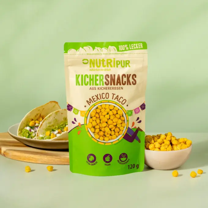 Bild zeigt Verpackung der Kichererbsen Mexiko Snacks und Tacos