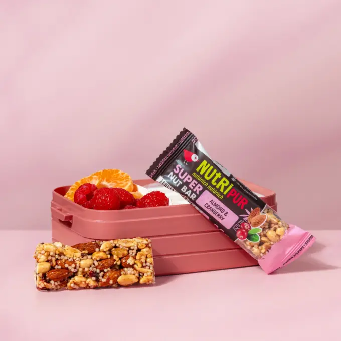 Bild zeigt die Nussriegel mit Mandeln und Cranberries als Schulsnack in einer Brotdose