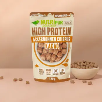 Hier ist ein Produktbild der Ackerbohnen Crispies Kakao von Nutripur