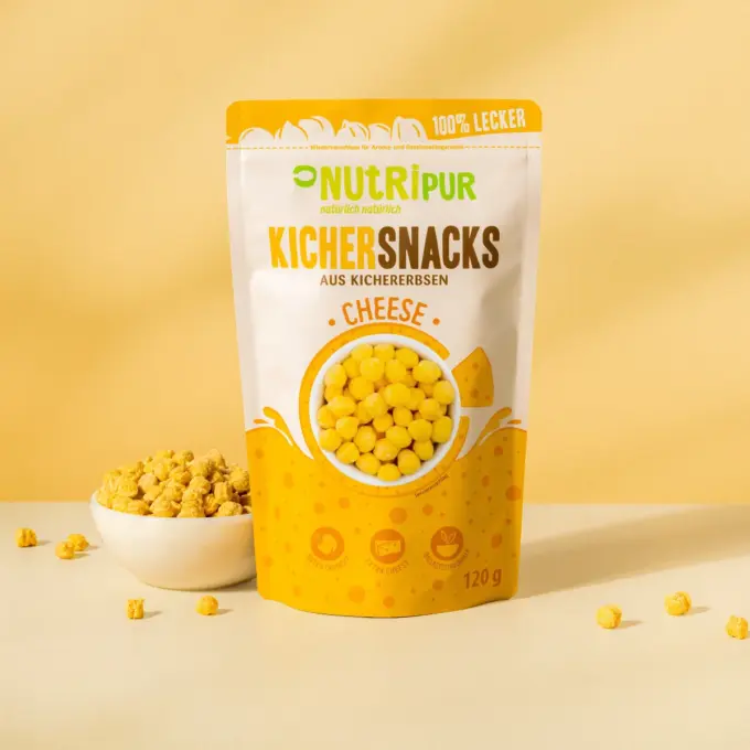 Produktbild der runden Kichererbsen-Chips mit Cheese von NutriPur