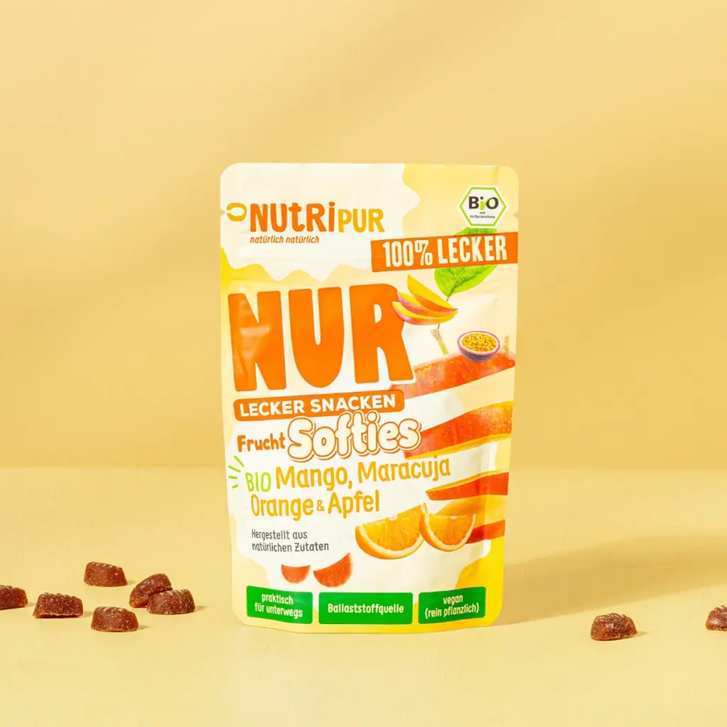 Hier ist ein Produktbild der NUR Frucht Softies BIO Mango, Maracuja, Orange & Apfel