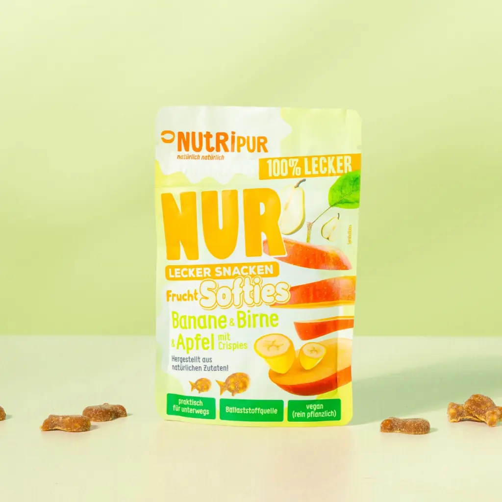 Hier ist ein Produktbild der NUR Frucht Softies Banane, Birne & Apfel mit Crispies von Nutripur