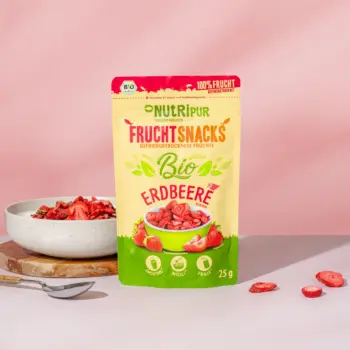 Hier ist ein Produktbild der gefriergetrockneten Bio-Erdbeeren von NutriPur