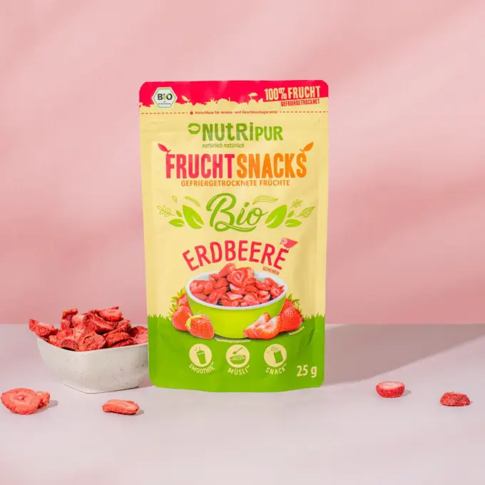 Hier ist ein Produktbild der gefriergetrockneten Bio-Erdbeeren von NutriPur