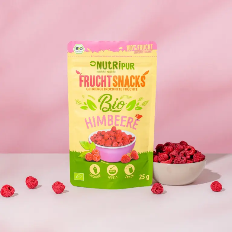 Hier ist ein Produktbild der gefriergetrockneten Bio-Himbeeren von NutriPur