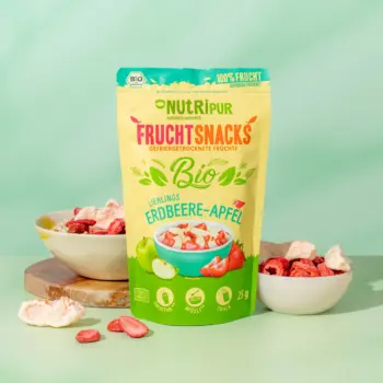 Hier ist ein Produktbild der gefriergetrockneten Bio-Lieblinge Erdbeer & Apfel von NutriPur