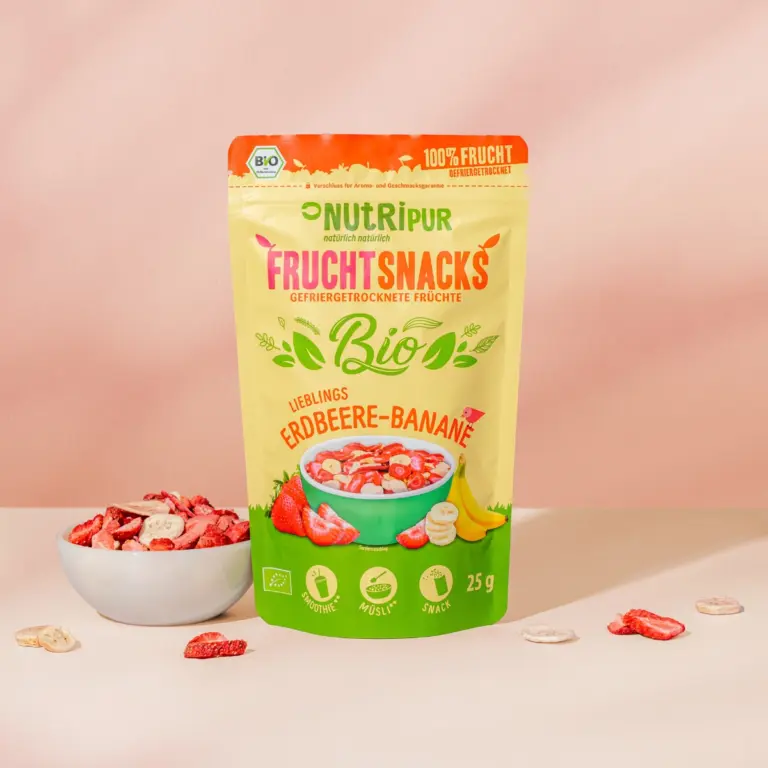 Hier ist ein Produktbild der gefriergetrockneten Bio-Lieblinge Erdbeer-Banane von NutriPur