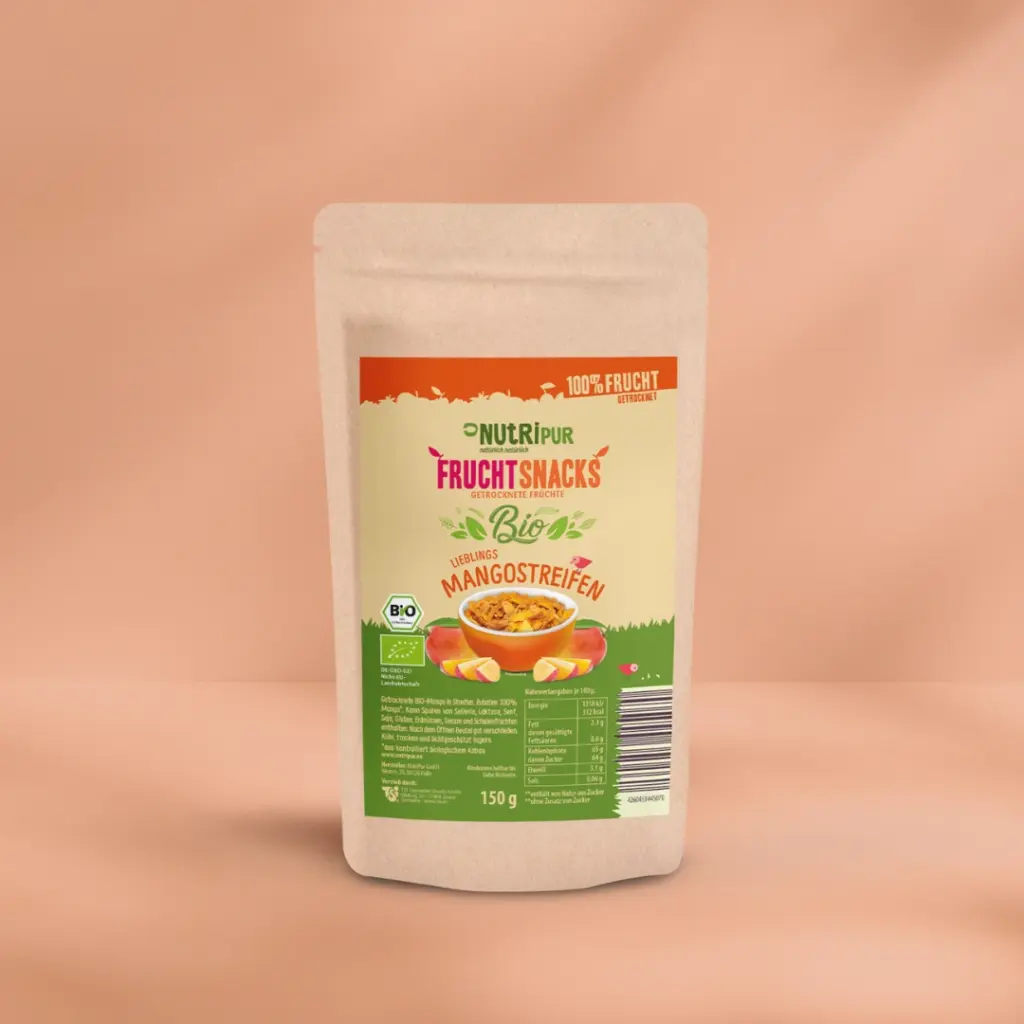 Hier ist ein Produktbild der gefriergetrockneten Bio-Mangostreifen von NutriPur