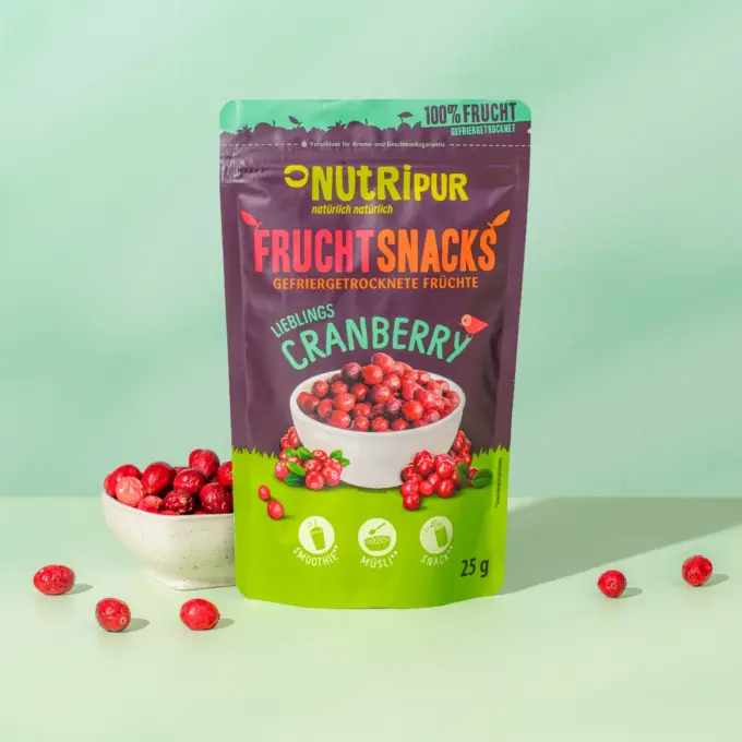 Hier ist ein Produktbild der gefriergetrockneten Cranberries von NutriPur