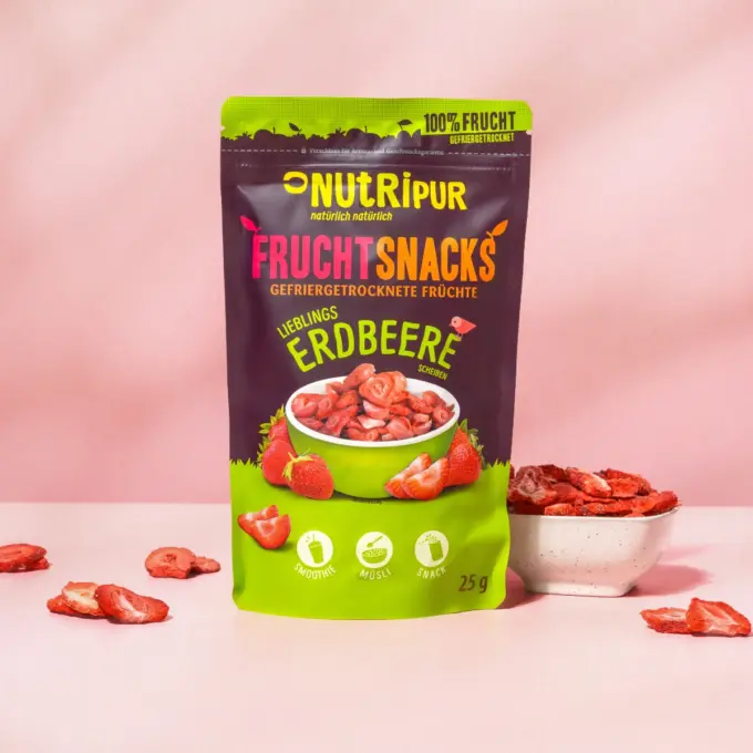 Hier ist ein Produktbild der gefriergetrockneten Erdbeeren in Scheiben von NutriPur
