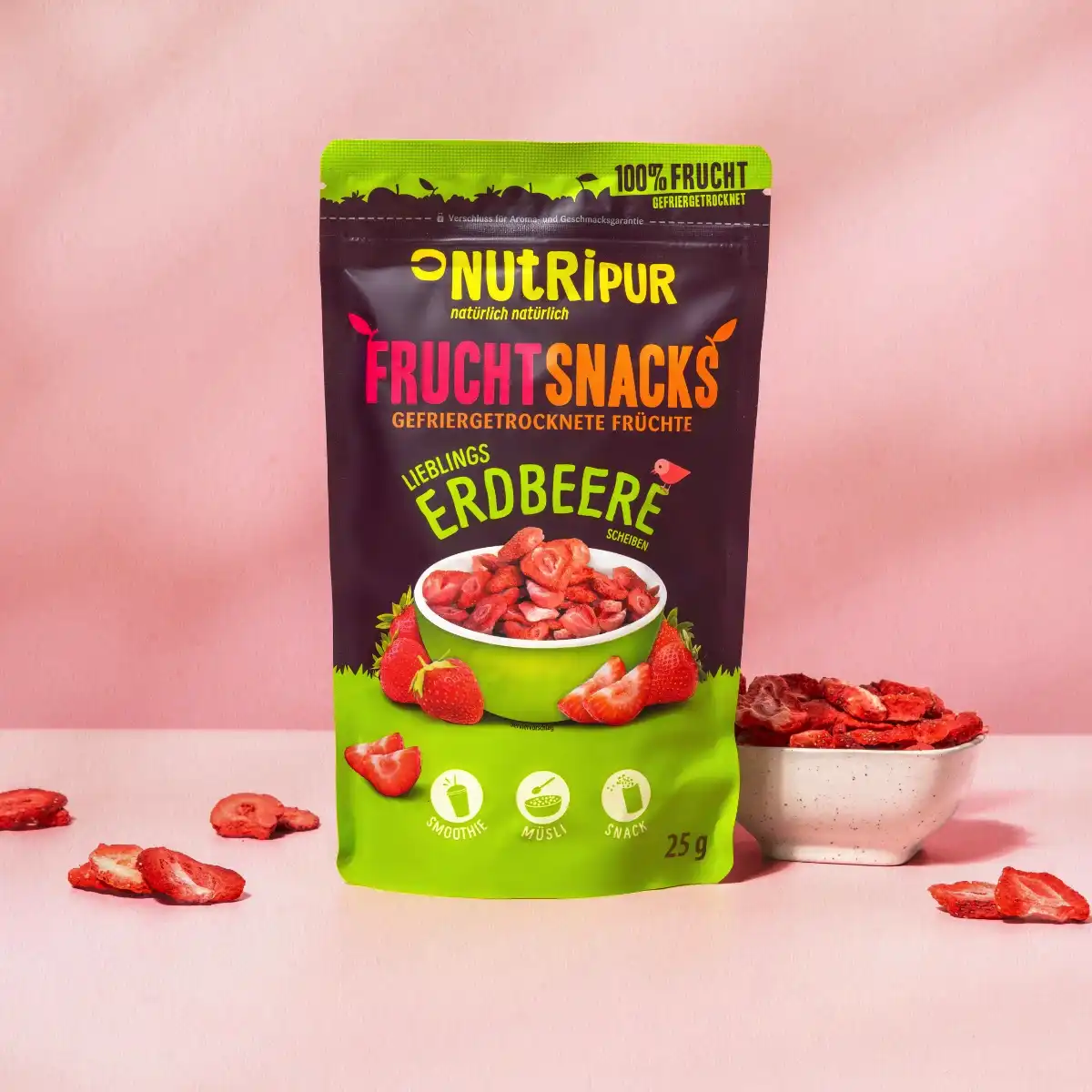 Hier ist ein Produktbild der gefriergetrockneten Erdbeeren in Scheiben von NutriPur