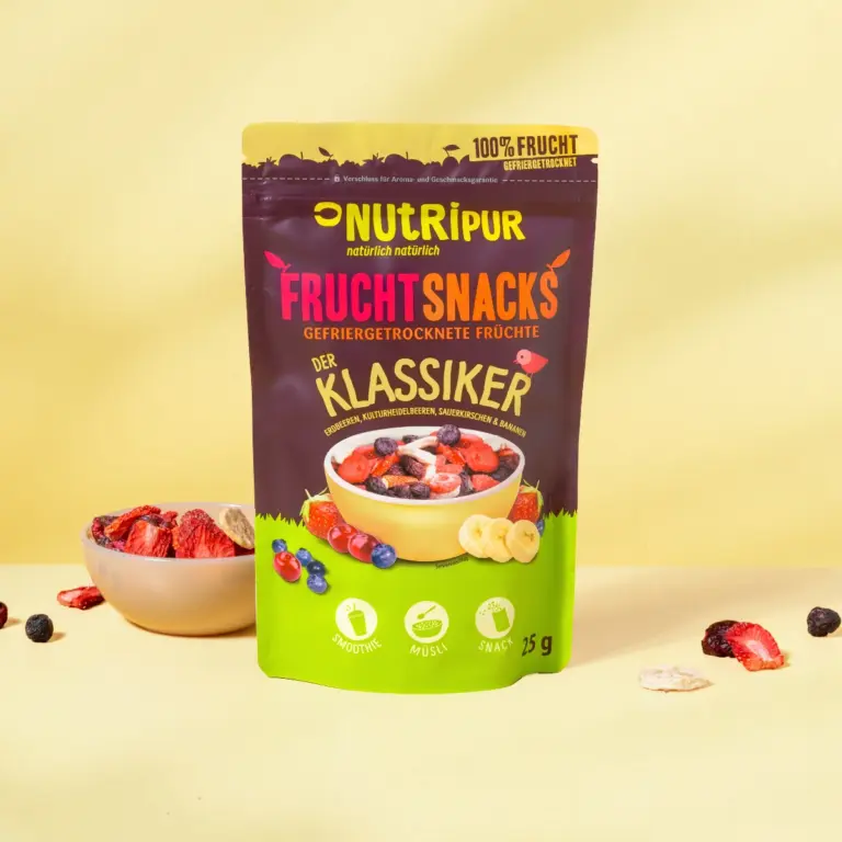 Hier ist ein Produktbild der gefriergetrockneten Fruchtmischung "Der Klassiker" von Nutripur