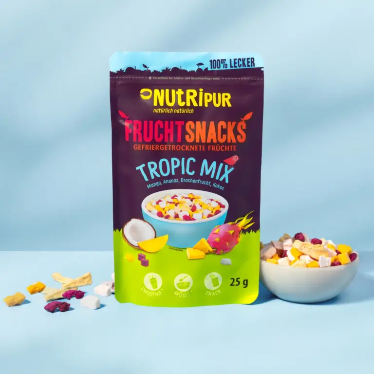 Hier ist ein Produktbild der gefriergetrockneten Fruchtmischung "Tropic Mix" von Nutripur