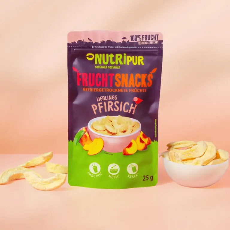 Hier ist ein Produktbild der gefriergetrockneten Pfirsiche von Nutripur