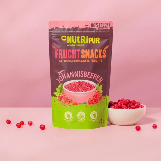 Hier ist ein Produktbild der gefriergetrockneten roten Johannisbeeren von NutriPur