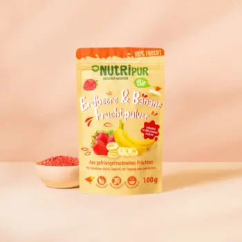 Hier ist ein Produktbild des gefriergetrockneten Bio-Fruchtpulvers Erdbeer-Banane von NutriPur