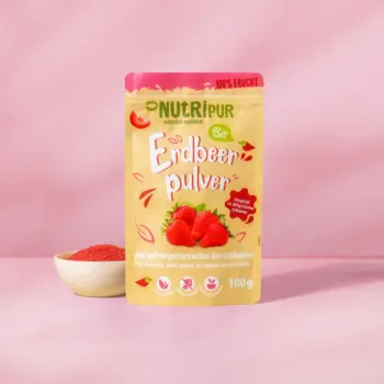 Hier ist ein Produktbild des gefriergetrockneten Bio-Fruchtpulvers Erdbeere von NutriPur