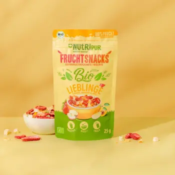 Hier ist ein Produktbild der gefriergetrockneten Bio-Lieblinge Erdbeer & Apfel von NutriPur