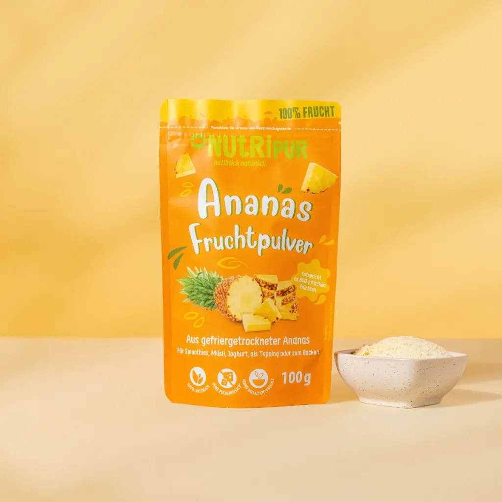 Hier ist ein Produktbild des gefriergetrockneten Fruchtpulvers Ananas von Nutripur