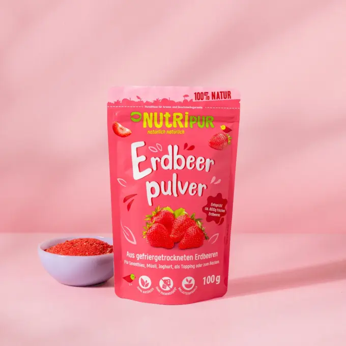 Hier ist ein Produktbild des gefriergetrockneten Fruchtpulvers Erdbeere von Nutripur