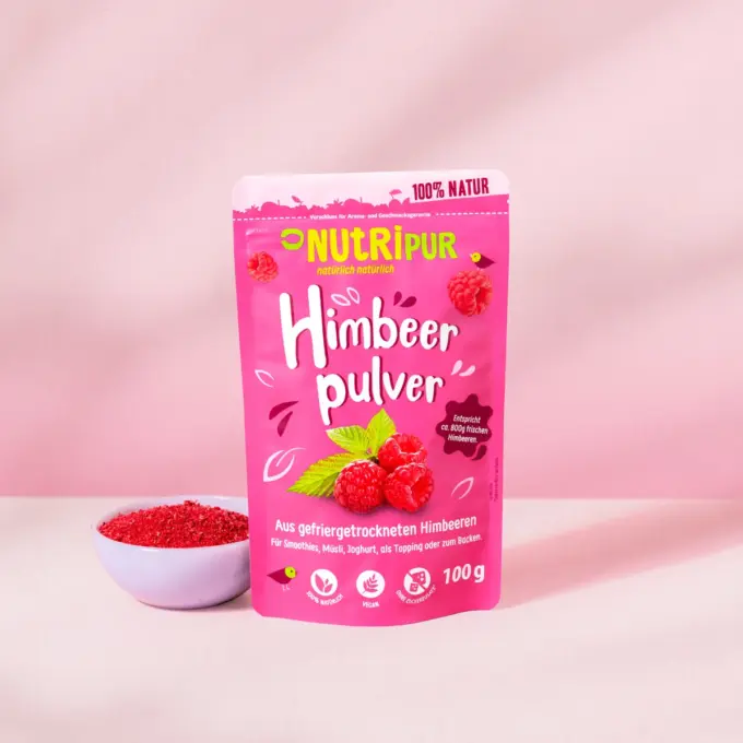 Hier ist ein Produktbild des gefriergetrockneten Fruchtpulvers Himbeere von Nutripur
