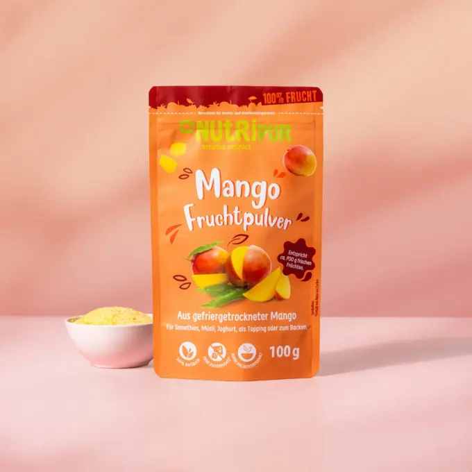 Hier ist ein Produktbild des gefriergetrockneten Fruchtpulvers Mango von Nutripur