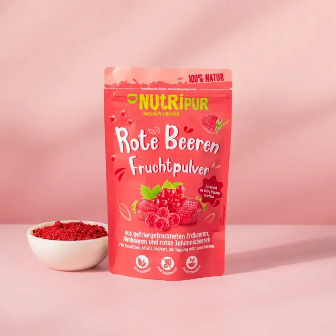 Hier ist ein Produktbild des gefriergetrockneten Fruchtpulvers Rote Beeren von Nutripur