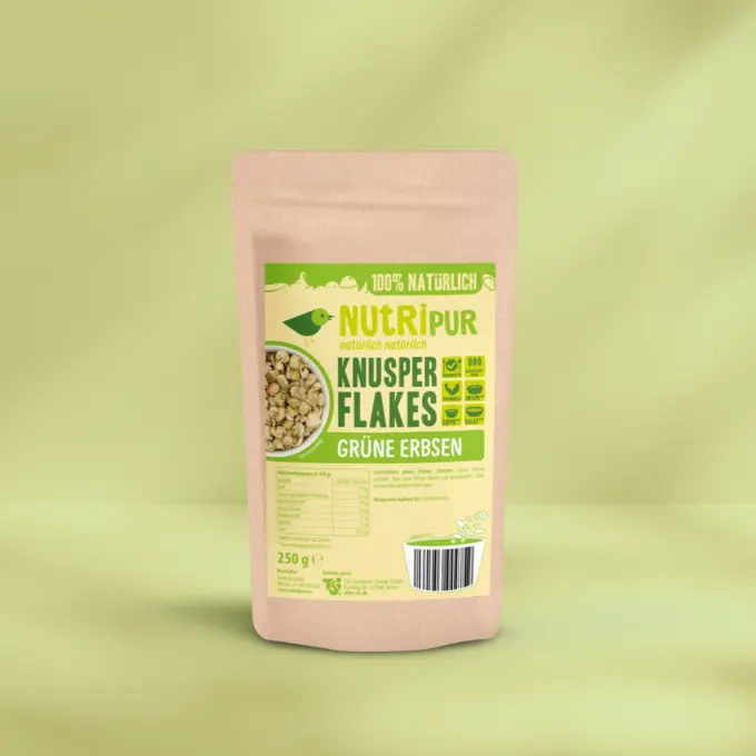Hier ist ein Produktbild der grünen Erbsen-Knusperflakes von Nutripur