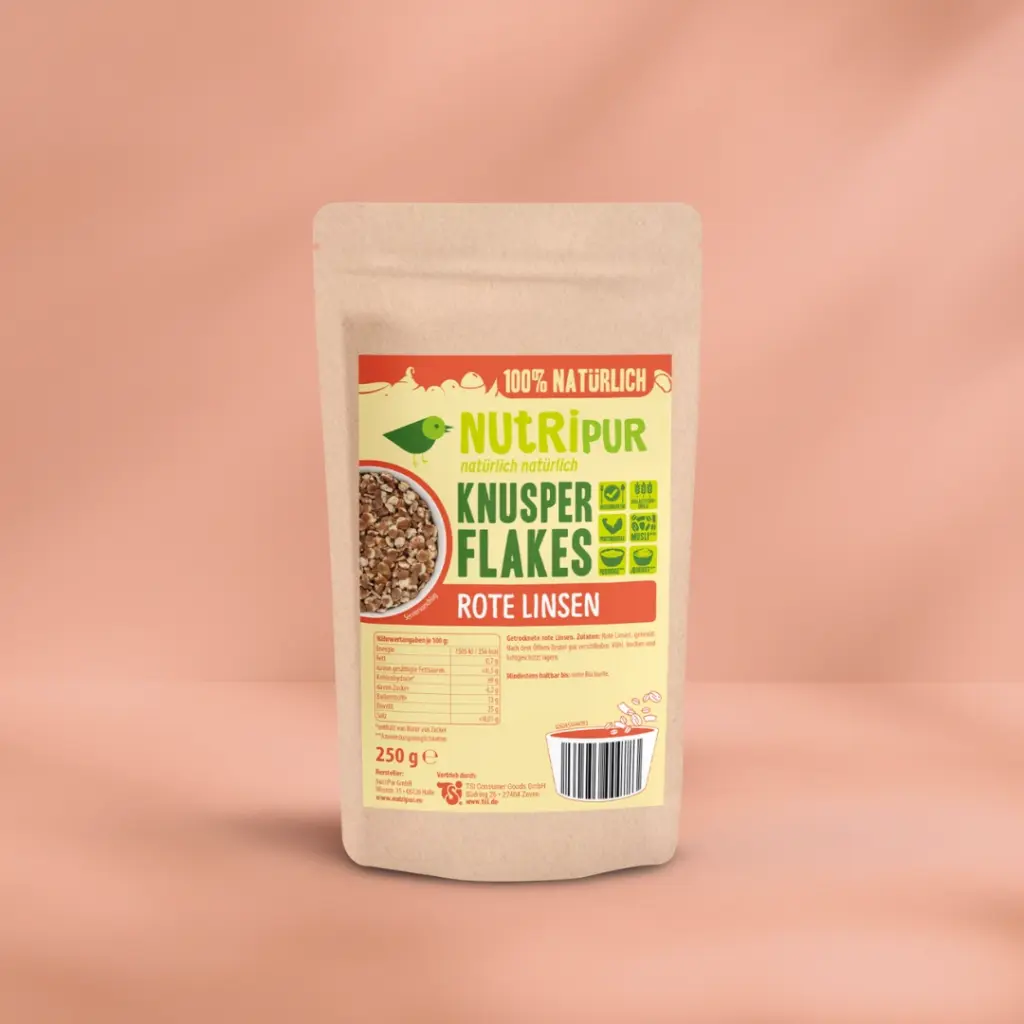 Hier ist ein Produktbild der rote Linsen-Knusperflakes von Nutripur