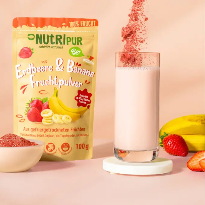 Shake mit dem gefriergetrockneten Bio Erdbeer-Banane-Fruchtpulver