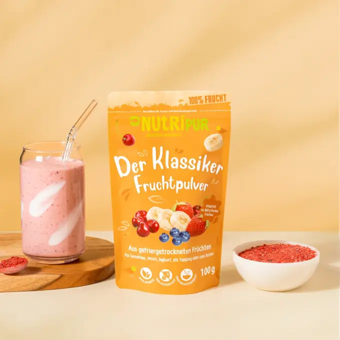 Bild zeigt gefriergetrocknetes Klassikerpulver als Smoothie