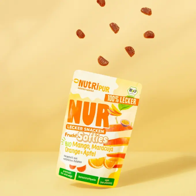 Detailbild der Verpackung der NUR Frucht Softies BIO Mango, Maracuja, Orange & Apfel