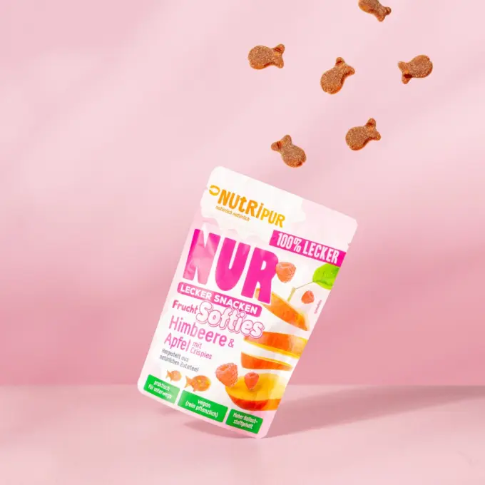 Detailbild der Verpackung der NUR Frucht Softies Himbeere & Apfel mit Crispies