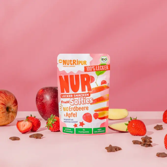 Detailbild der Verpackung der NUR Frucht Softies BIO Erdbeere & Apfel