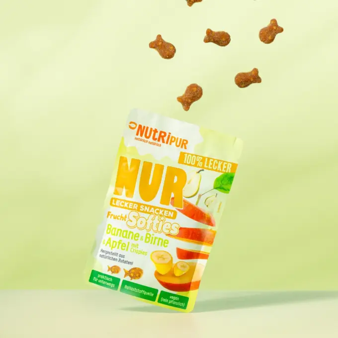 Detailbild der Verpackung der NUR Frucht Softies Banane, Birne & Apfel mit Crispies